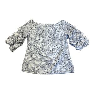 CeCe Womens Medium White Blue Floral Off The Shoulder Ruffled 100% Cotton Blouse
